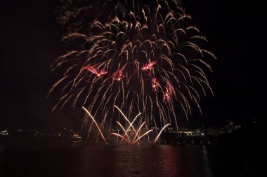 Siyah gökyüzüne karşı renkli havai fişekler