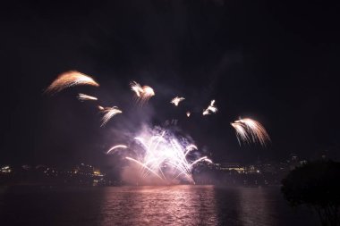 Siyah gökyüzüne karşı renkli havai fişekler