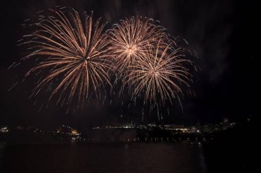 Siyah gökyüzüne karşı renkli havai fişekler