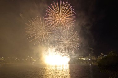 Siyah gökyüzüne karşı renkli havai fişekler