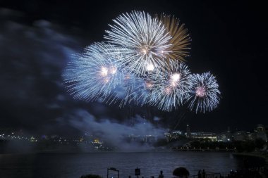 Karanlık gökyüzüne karşı renkli havai fişekler