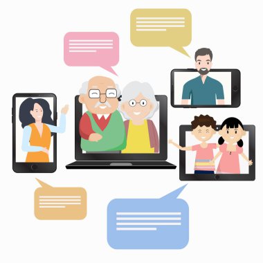 Webcam video konferansı. Yaşlı insanlar ve çok nesilli aile uzak çekim videolarında yer alıyor. Sosyal ağlara yorum bırakmak için akıllı telefon, tablet ve dizüstü bilgisayar kullanarak. 