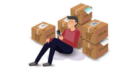 Erkek satıcı, ürün siparişlerini kontrol etmek için akıllı telefon kullanıyor. Ve teslimat ürünlerini müşteri için hazırlar. Çevrimiçi iş alışverişi yapmaktan ya da iş ekomünansından.
