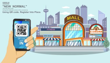 Telefon ile QR kodunu tarıyorum. Şehir mağazasına giriş izni. Alışveriş merkezi binası, sinema, süpermarket, Minimart, Restoran, Fitness, Covid-19 'un aralık kontrol süresi..