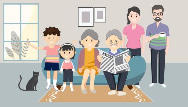 Aile, mutluluk, nesil ve insan konsepti. Evdeki koltukta oturan mutlu bir aile. Dışarıdaki evden uzak dur. Menzil salgını kontrolü. Covid-19 salgını. Yeni normal mi