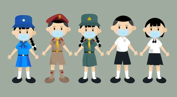 Student Scout Cartoon Boy Dívka Šaty Thajské Školní Uniformu Nosit — Stockový vektor