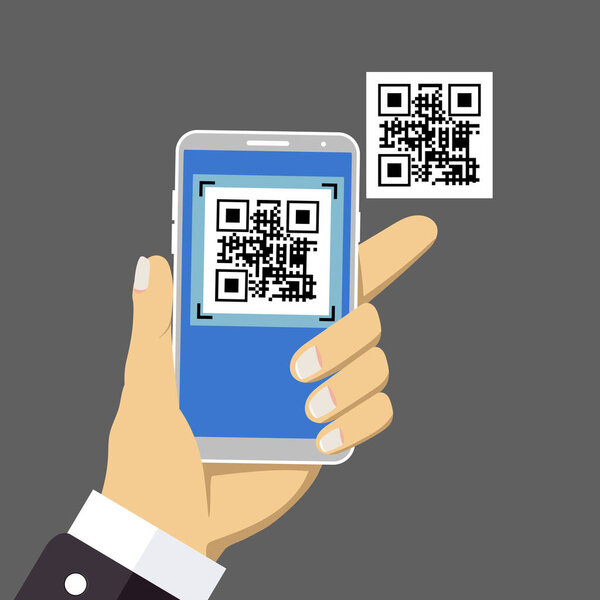 Scan QR code to Mobile Phone. Mobile app isolated on gray background. Electronic, digital technology, barcode. Vector illustration. Design element for banner, poster, online shopping