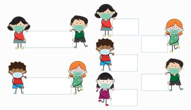 Çocuklar, oğlanlar ve kızlar maske takıyor. Covid-19 'a karşı korumak için. Vektör illüstrasyon Çocuk çizim stili. Beyaz bir uzay işareti tutuyor. Yeni normal bir konseptin tasarımı için..