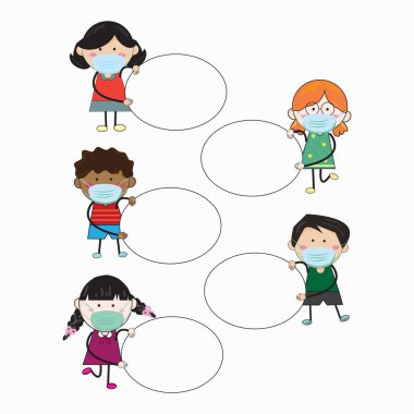 Çocuklar, oğlanlar ve kızlar maske takıyor. Covid-19 'a karşı korumak için. Çocuk çizim stili. Beyaz bir uzay işareti tutuyor. Yeni normal bir konseptin tasarımı için, öğrenme, eğitim faaliyetleri.