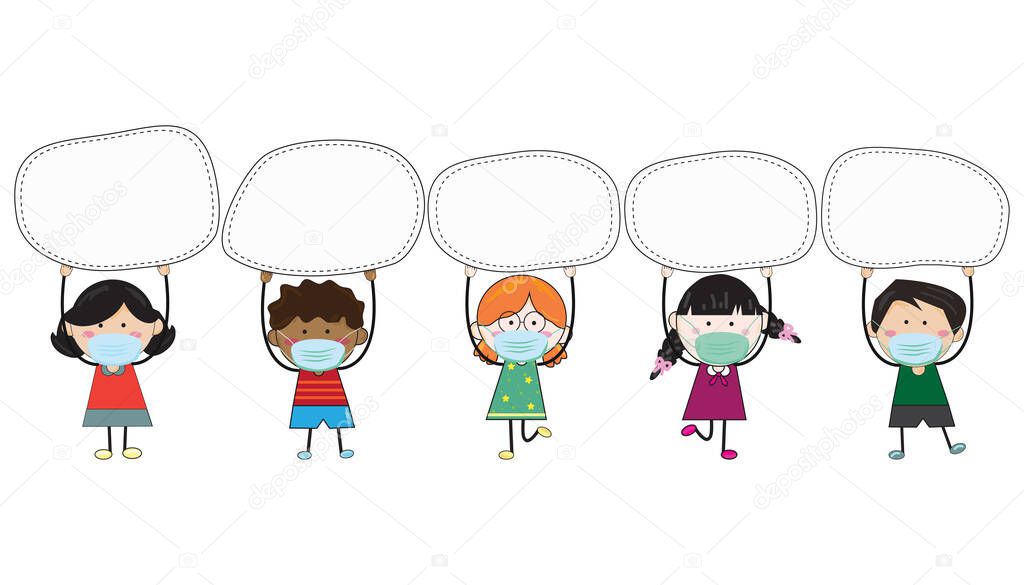 Children, boys, and girls wear a mask. To protect against Covid-19. Child's drawing style. Holding a white sign at the top. For the design in a new normal concept, Learning, education activities.
