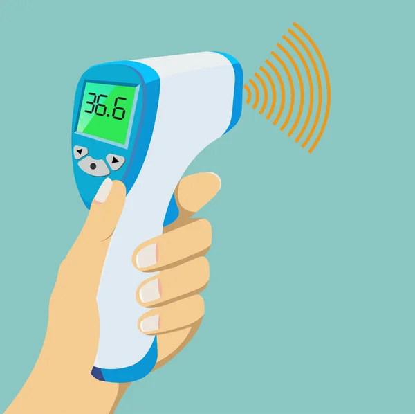 熱体温度計を測定するハンドヘルド温度計 体温は 正常を比較します 医療ポスターのための高 キーツールCovid 19の範囲発生制御 新常態か — ストックベクタ