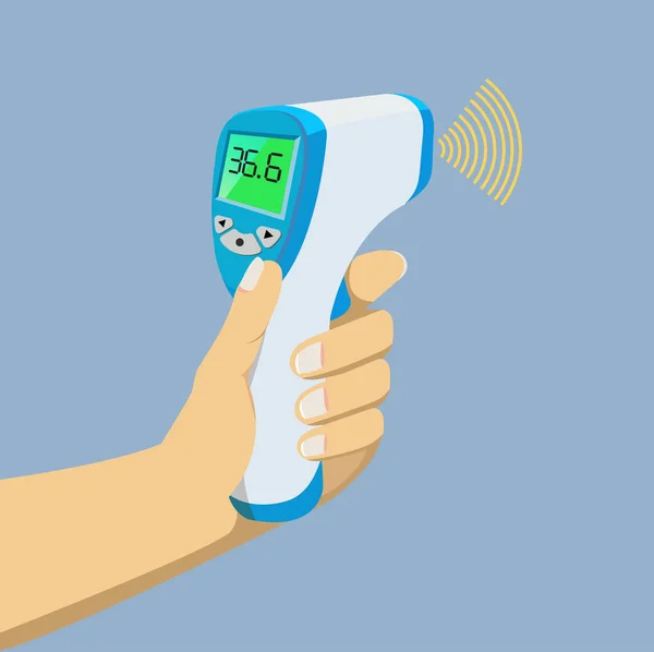 熱体温度計を測定するハンドヘルド温度計 体温は 正常を比較します 医療ポスターのための高 キーツールCovid 19の範囲発生制御 新常態か — ストックベクタ