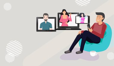 İnsanlar evdeki toplantıları görüntülüyorlar. Telefon, tablet, dizüstü bilgisayar kullanarak. Sosyal medya ağları aracılığıyla. Sosyal ağlara yorum bıraktığım için. Ekrandan sarkan erkek ve kadın resimleriyle. 