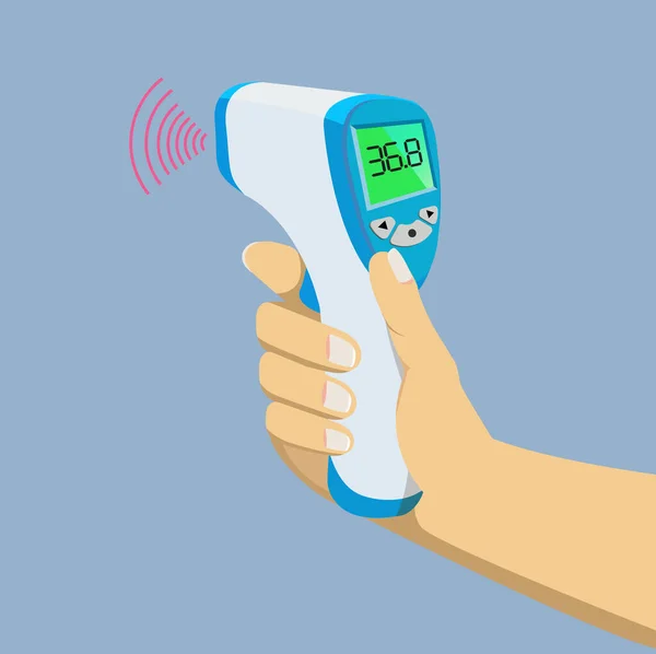 右の手は熱を測定するためのハンドヘルド温度計を持っていました 体温計だ 体温計だ 医学のポスターのための キーツールCovid 19の範囲発生制御 新常態か — ストックベクタ