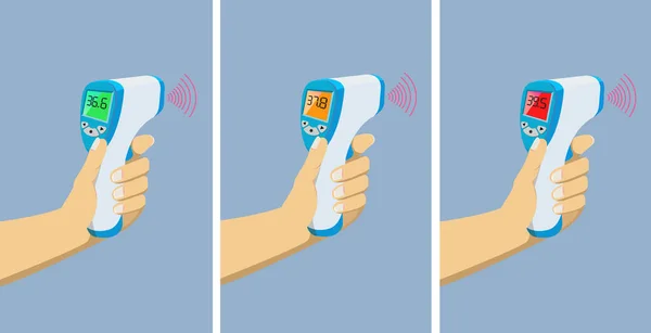 Vänster Hand Höll Handhållen Termometer För Att Mäta Feber Kroppstemperaturmätare — Stock vektor