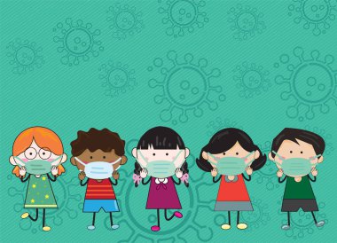 Beş çocuk, erkek ve kız maske takıyor. Covid-19 'a karşı korumak için. Vektör illüstrasyonu Çocuğun çizim biçimi yeşil arkaplanda bir virüs sembolü ile.