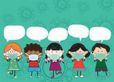 Çocuk maskesi takıyor. Çocuk çizim stili. Üzerinde beyaz bir mesaj kutusu ya da konuşma balonu var. İletişim, Sağlık danışmanlığı, eğitim metni ya da çocuk faaliyetleri için. Thcovid19 'un drenajı sırasında