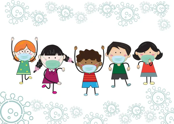 Pięcioro Dzieci Chłopcy Dziewczęta Noszą Maski Chronić Przed Covidem Wektor — Wektor stockowy