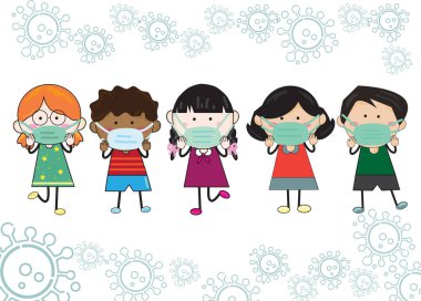 Beş çocuk, erkek ve kızlar maske takıyor. Covid-19 'a karşı korumak için. Vektör illüstrasyonu Çocuğun çizim biçimi beyaz arkaplanda bir virüs sembolü ile.