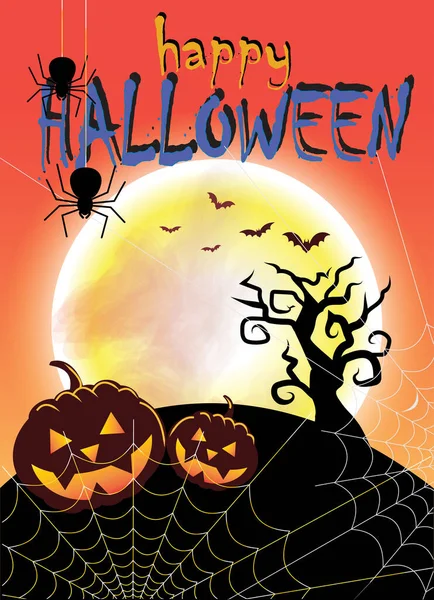 Під Місячним Світлом Хелловін Текстом Happy Halloween Павуки Використовують Веб — стоковий вектор
