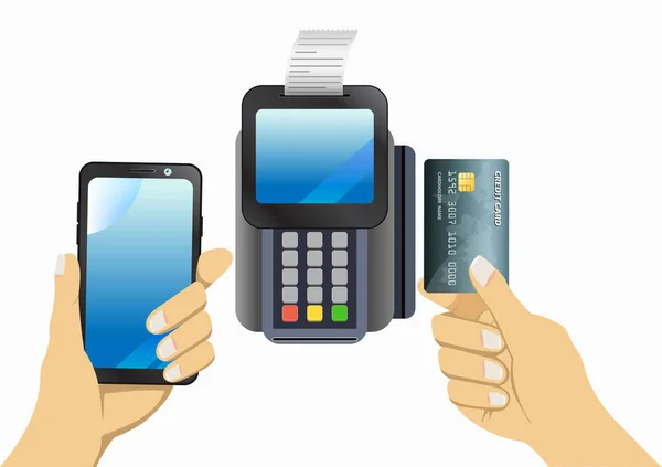 Pagamento Móvel Com Mãos Segurando Smartphone Cartão Crédito Dispositivo Processamento — Vetor de Stock