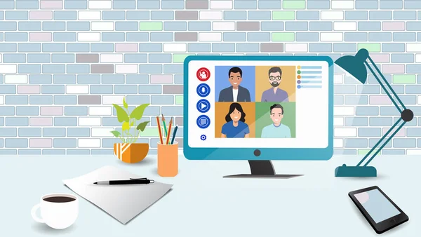 Video Online Konference Video Setkání Lidí Rozhovor Online Komunikace Práce — Stockový vektor