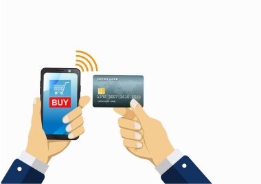 Çevrimiçi alışveriş uygulamalı akıllı telefon. Ve kredi kartı. Mobil ödeme, kredi kartı, e-ticaret konsepti, düz modern illüstrasyon tasarımı izole edilmiş beyaz arkaplan resmi