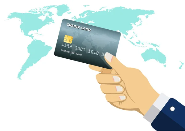 Hålla Grå Kreditkort Mall Världskartan Bakgrund Vektor Illustration Begreppet Betalande — Stock vektor