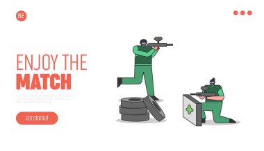 İniş sayfası tasarımı için Paintball oyunu web sitesi şablonu. Oynayan karakterlerle paintball maçı