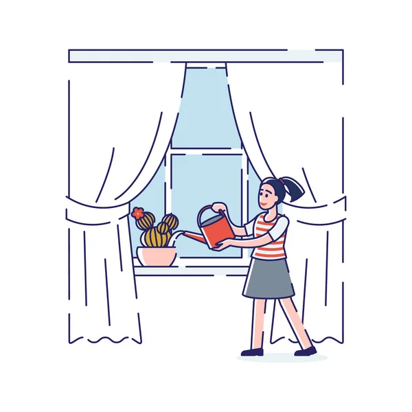 卡通女孩在窗台上的水草浇灌罐。家庭和家政概念 — 图库矢量图片