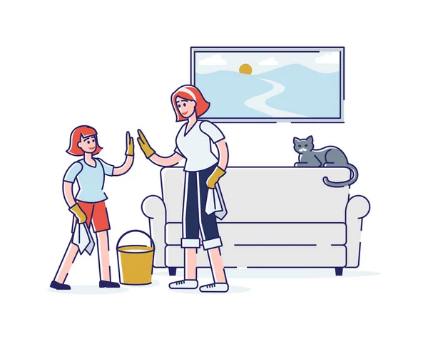 행복 한 어머니와 딸 이 함께 먼지를 닦고 청소하는 방 — 스톡 벡터