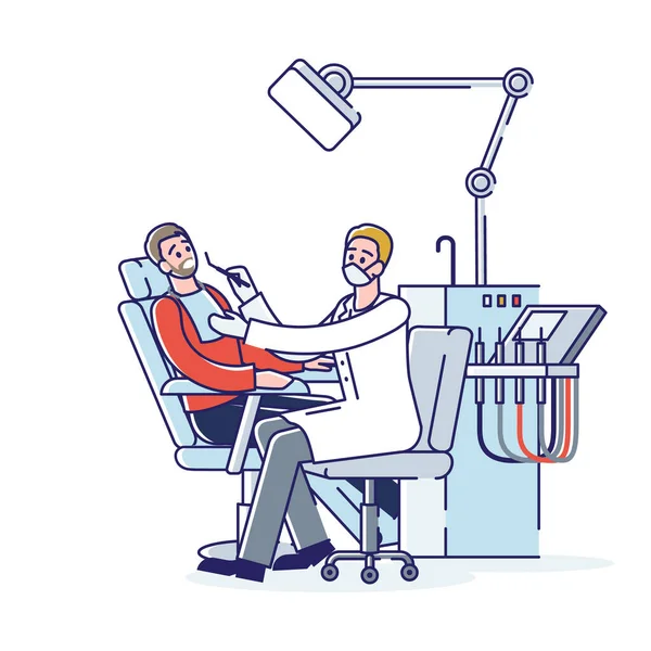 Dentyści badający pacjenta leżącego na krześle. Leczenie stomatologiczne — Wektor stockowy