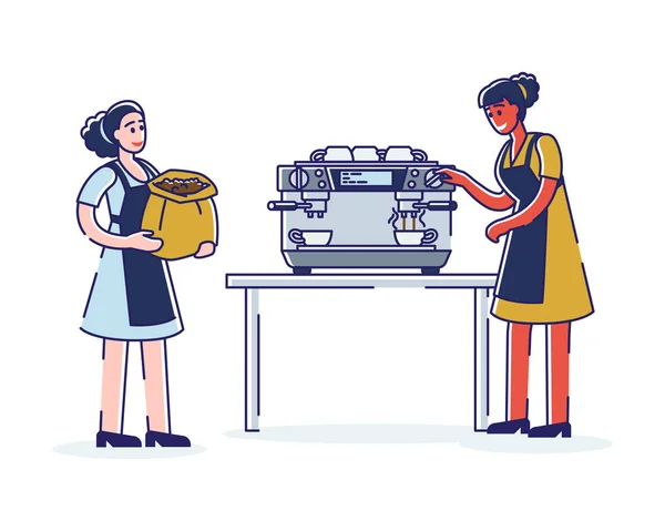 Mulher barista colocando café moagem fresca na máquina de café. Cafetaria e produção de negócios — Vetor de Stock