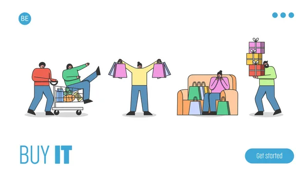 Página inicial para design de site de loja online com pessoas de desenhos animados segurando sacos de compras —  Vetores de Stock