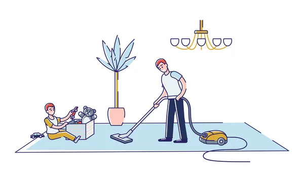 Çocuklar temizlik yaparken ebeveynlere yardım eder. Ev işleri ve ev işleri — Stok Vektör