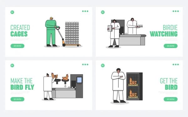 Soubor stránek pro vykládku drůbežářského průmyslu s kreslenými pracovníky na šlechtitelském procesu — Stockový vektor