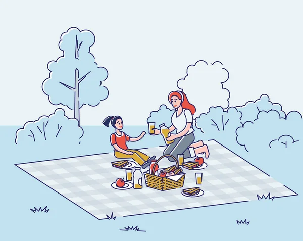 Family on picnic in park. Mother with daughter, outdoor recreation concept