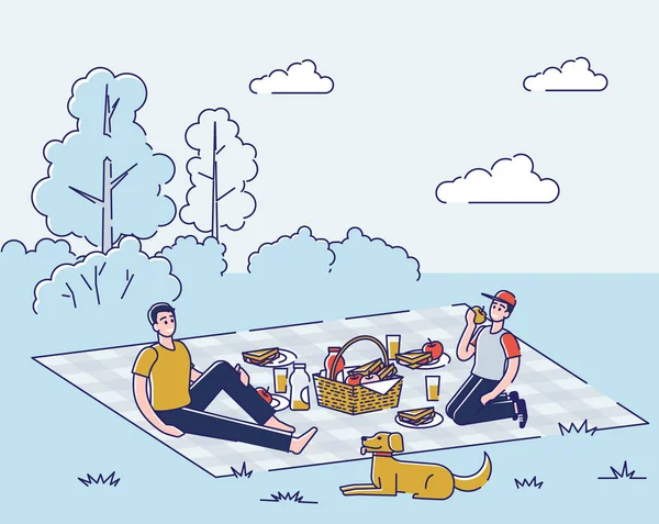 Ludzie na pikniku w parku. Koncepcja rekreacji na świeżym powietrzu. Dwóch chłopców siedzi na kocu i je. — Wektor stockowy