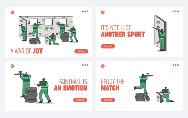 Conjunto de landing pages para paintball. Plantillas del sitio web del juego de equipo con personajes de dibujos animados — Vector de stock