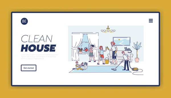 Página de inicio de la casa limpia con toda la familia limpieza casa sala de estar juntos — Archivo Imágenes Vectoriales