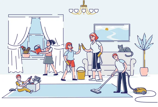 Büyük aile, birlikte oturma odasını temizliyor. Çocuklar ev işlerine yardım ediyorlar. — Stok Vektör