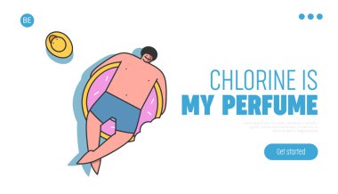 Yüzme rahatlama iniş sayfası tasarımı. Şişme yatağın üstünde yüzen erkek çizgi filmi.