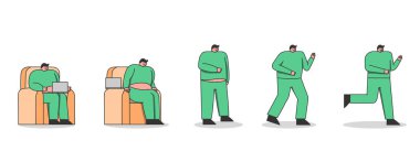 Kilo verme adımları. Zayıf şekle koşan tembel şişman adam kütle kaybediyor.