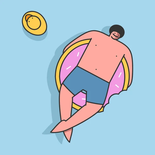 Man in badpak op opblaasbare matras drijvend. Ontspannen cartoon man zonnebaden, uitzicht van boven — Stockvector
