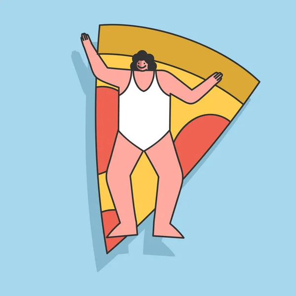Cartoon-Frau schwimmt auf Luftmatratze im Meer oder Schwimmbad. Mädchen genießen Wasser und Sommersonne — Stockvektor