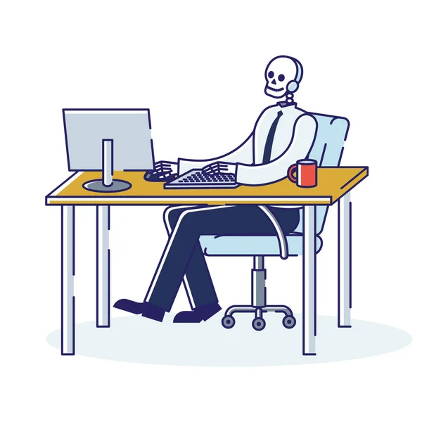 İşkolik iş adamı iskeleti bilgisayarda çalışıyor. Çok çalışan yorgun bir ofis çalışanı. — Stok Vektör