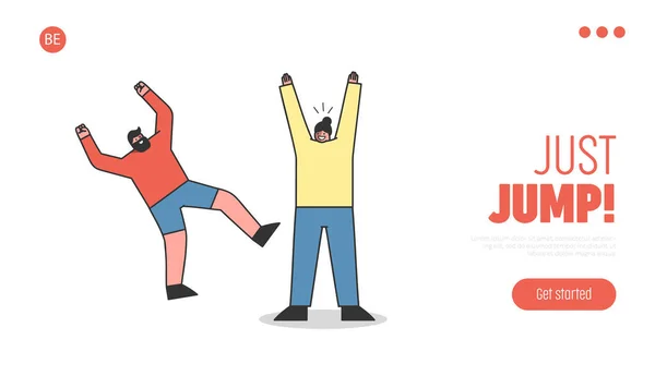 Pagina di atterraggio di Web site con gente allegra che salta. Cartone animato felice coppia di giovane uomo e donna — Vettoriale Stock