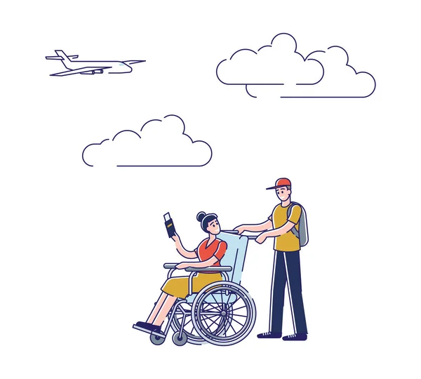 Чоловік і дівчина в інвалідному візку йдуть на літак. Концепція вимкнених пасажирських перевезень — стоковий вектор