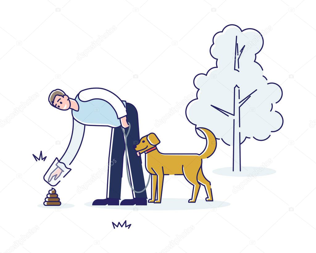 Man cleaning after dog during walk in park. Pet waste picking rule concept