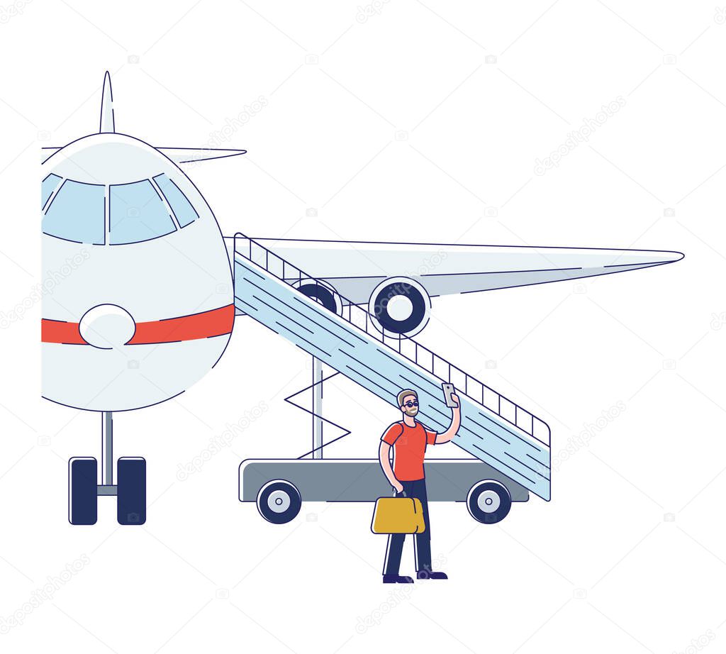 Man passenger taking selfie while boarding plane. Character make photo over airplane background